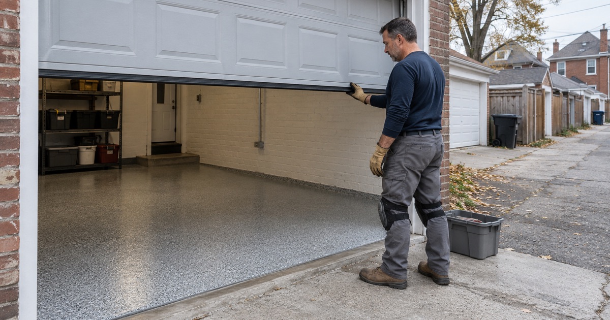 The installer lowering the door on a finished flake floor in a Berwyn alley garage at the end of the job.