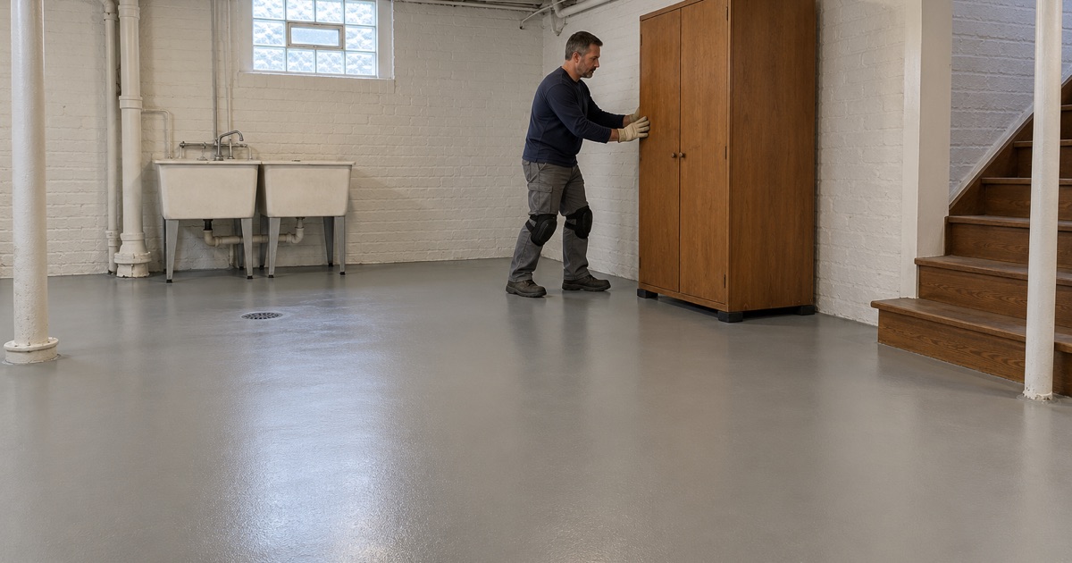 A warm gray epoxy floor finished around the laundry tubs and floor drain of a Berwyn bungalow basement.