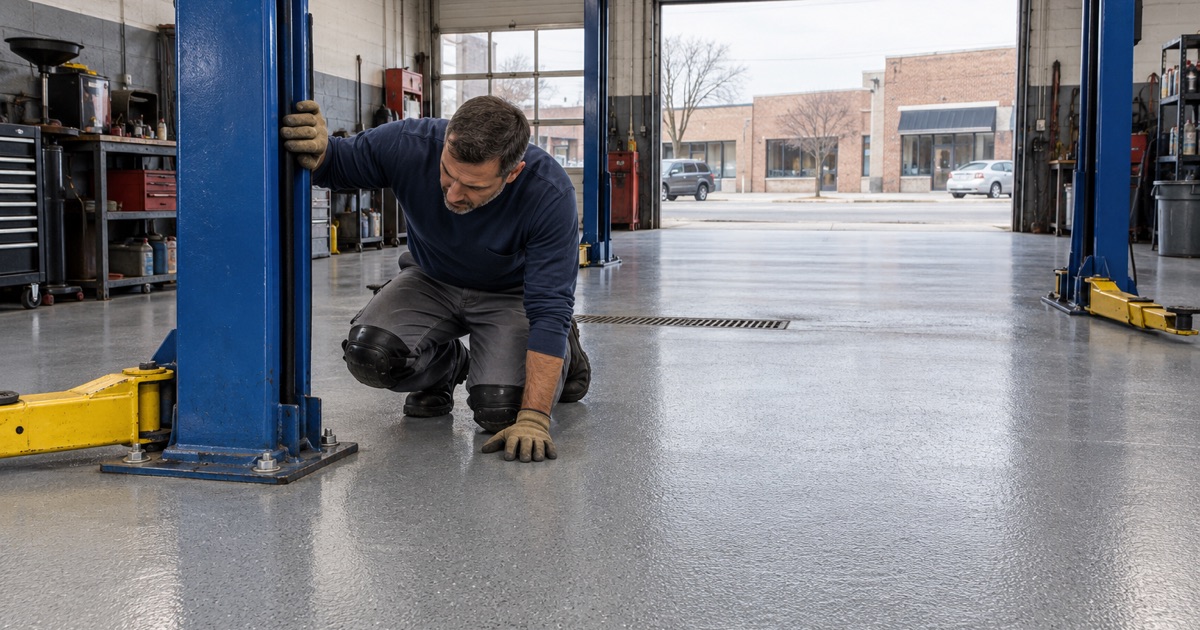 A new slip-resistant coating in a Berwyn auto repair bay, sealed up to the base plates of a two-post lift.
