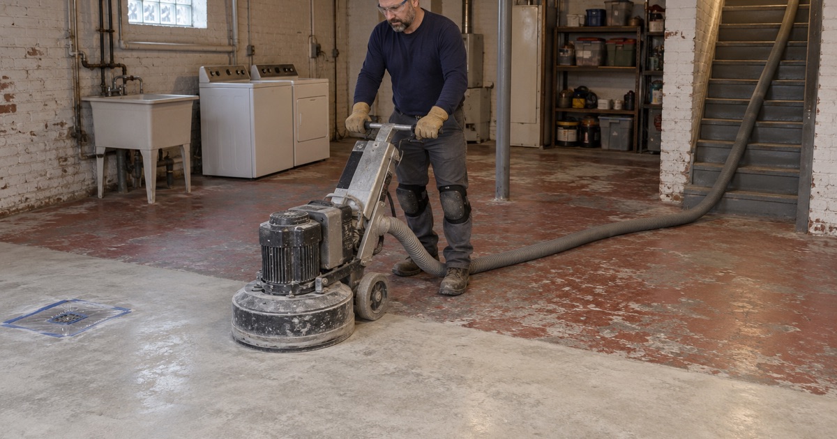 A planetary grinder taking decades of floor paint off a Berwyn bungalow basement slab, half the floor ground clean.