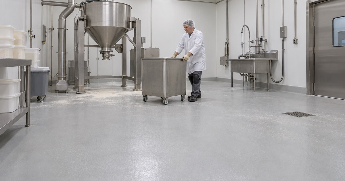 A sealed resinous floor in an Alsip seasoning blending room, a stainless ingredient tote rolled across it.