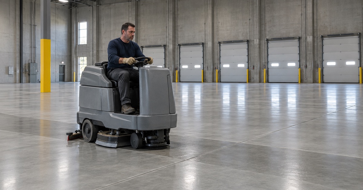 A ride-on scrubber crossing the sealed slab of a new high-bay industrial building in Bellwood.