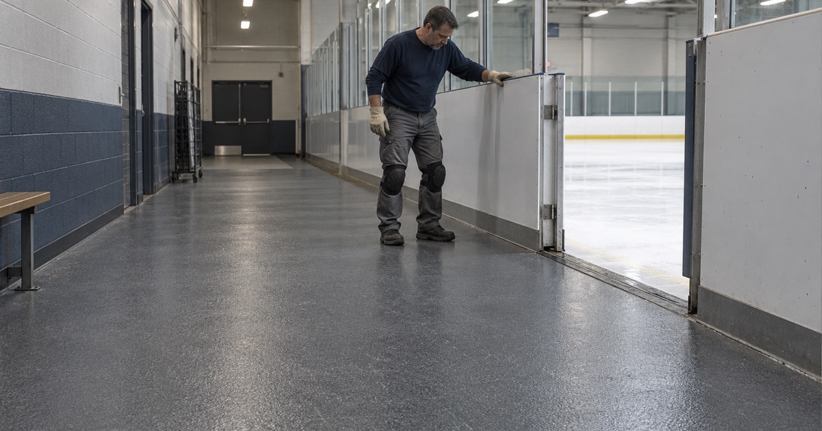 A coated skate corridor floor beside the rink boards at an ice arena in Bensenville.