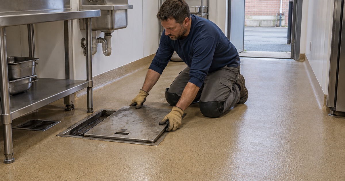 A textured urethane cement kitchen floor in the back of a Bridgeview food storefront