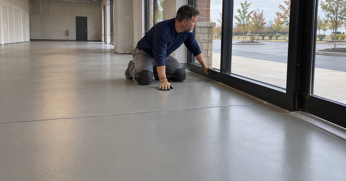 A new coated floor in an empty Burr Ridge tenant space, ready for the buildout