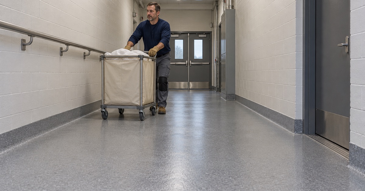 A seamless coved service corridor floor in an occupied Evergreen Park healthcare building