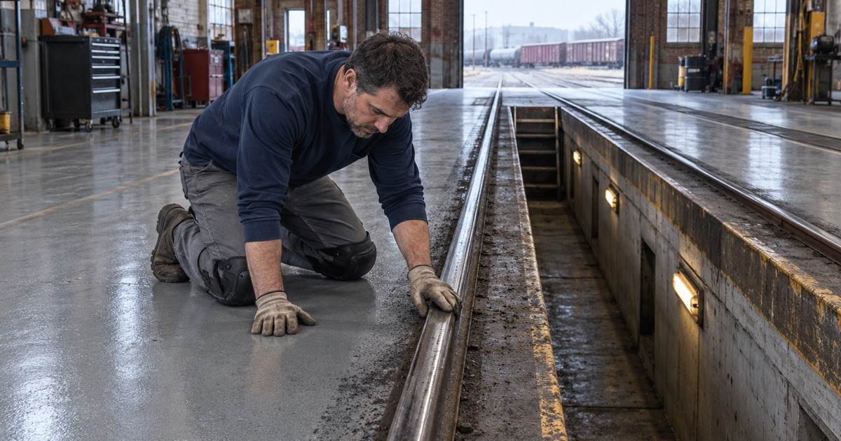 A coated railcar inspection shop floor in Forest Park, checked where it meets the embedded steel rail.