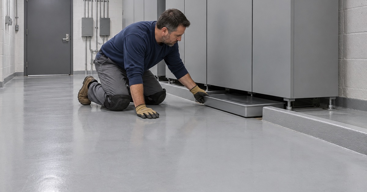 A spill containment tray set on a sealed, dust-free floor in a Franklin Park data center battery room.