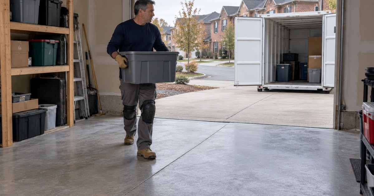 A long tandem townhome garage in Justice being emptied before its floor is coated