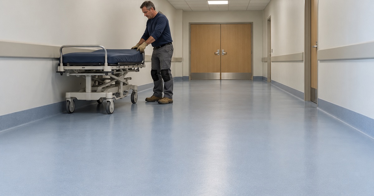 A seamless hospital corridor floor in La Grange, its integral cove base where a stretcher meets the wall.