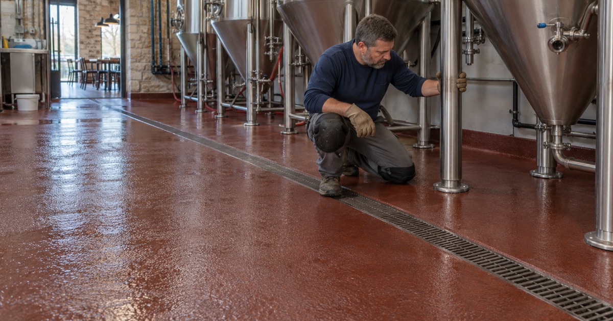 A urethane cement brewhouse floor in Lemont, sloped to a trench drain beneath the fermenters.
