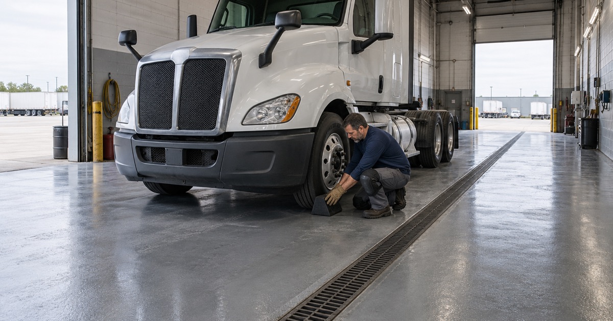 A wheel chock set on the coated floor of a drive-through truck maintenance bay in Lyons.