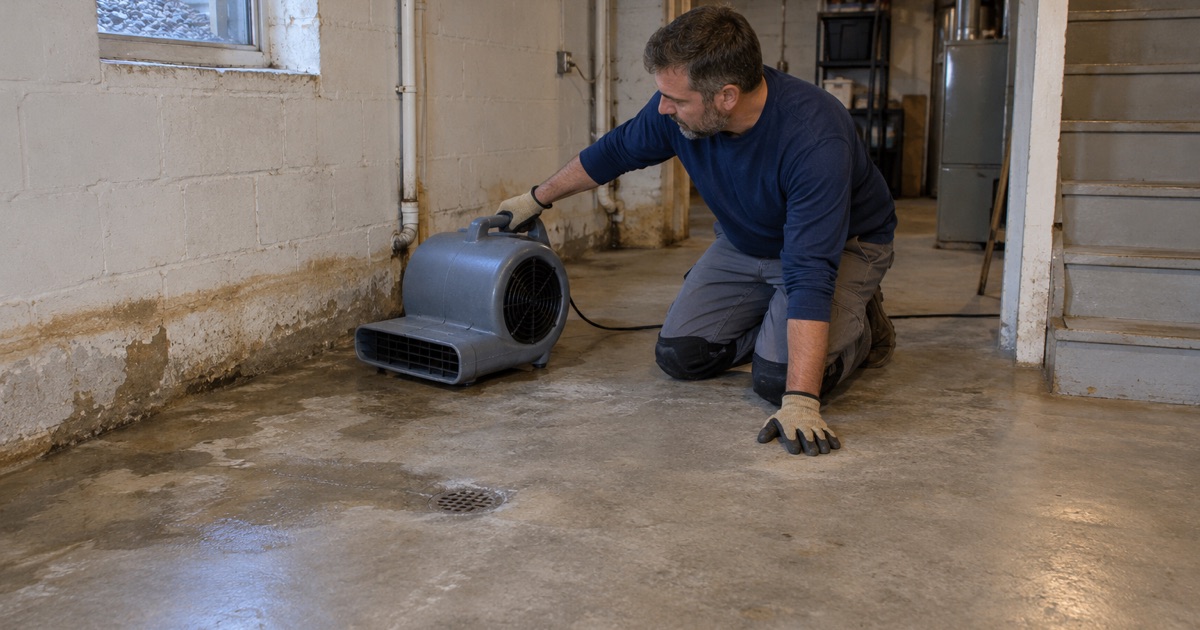 A damp basement floor in Midlothian being dried and read before it is coated