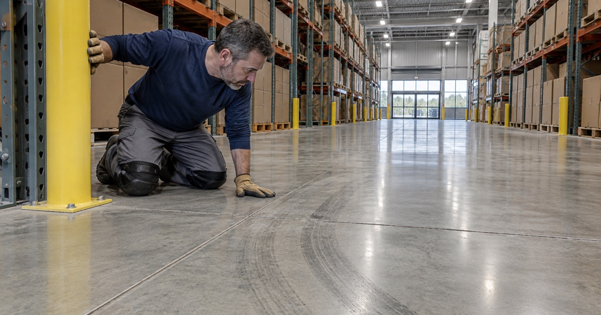 Tire marks and a drive aisle on a big-box store sales floor in Northlake, checked beside a yellow bollard.