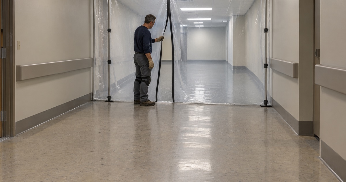 A plastic containment wall opened on a hospital corridor in Palos Heights, new floor work phased behind it.