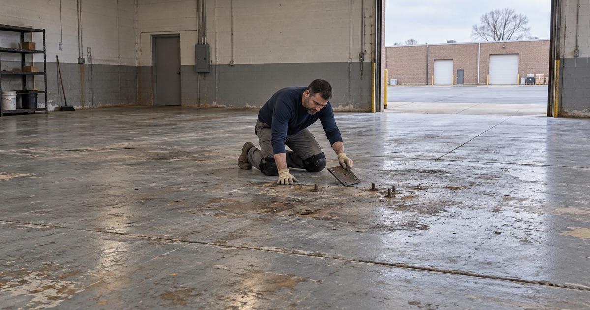 A vacated industrial bay in Palos Hills, a leftover anchor plate lifted before the floor is redone for the new owner