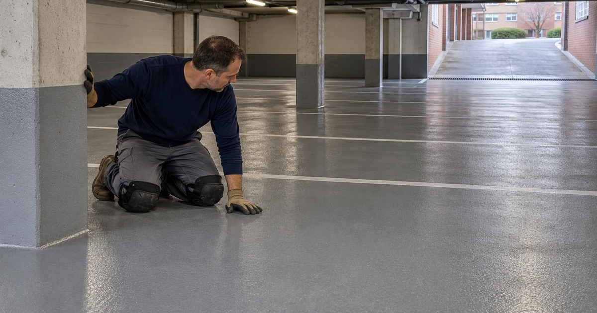 The coated ground-level parking floor of a River Grove apartment building