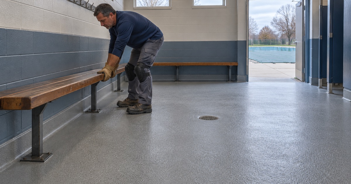 A textured slip-resistant floor in a Schiller Park pool bathhouse, recoated in the closed season.