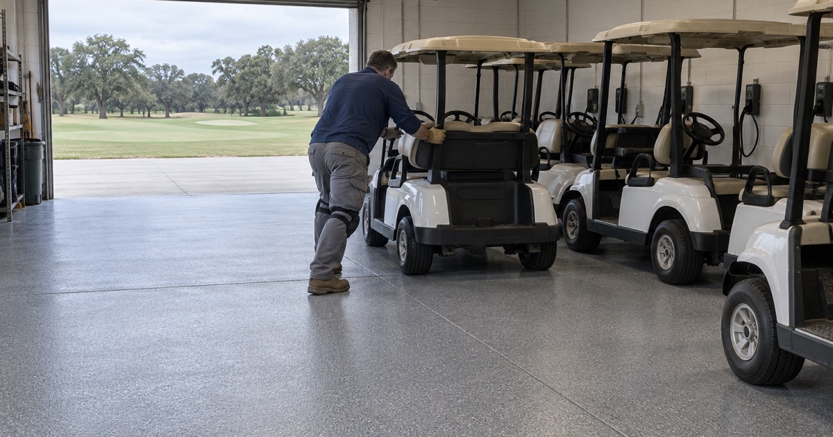 A golf club cart room floor in Worth, freshly coated and back in use