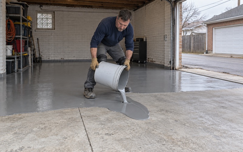 Gray epoxy base coat poured onto a diamond-ground slab in a detached Berwyn alley garage, the back half already coated.