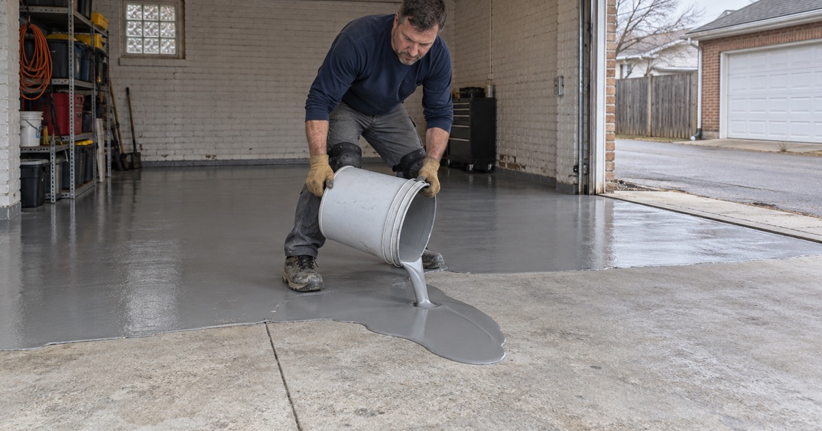 Gray epoxy base coat poured onto a diamond-ground slab in a detached Berwyn alley garage, the back half already coated.