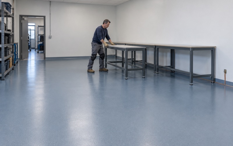 A steel workbench slid back onto a new static-dissipative floor in an electronics repair room.