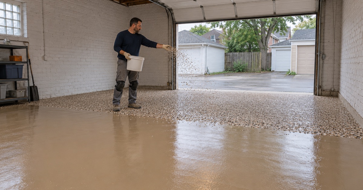 Vinyl flake mid-throw over a wet tan base coat in a detached Berwyn garage, half the floor already broadcast.