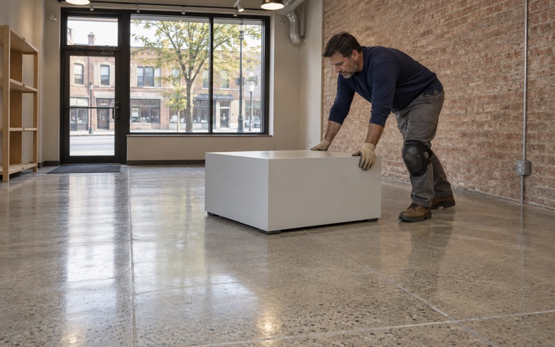 A burnished polished concrete floor in a small Berwyn shop near the train station, a display plinth slid into place.