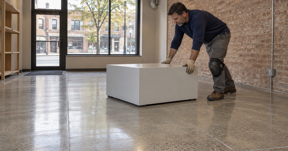 A burnished polished concrete floor in a small Berwyn shop near the train station, a display plinth slid into place.
