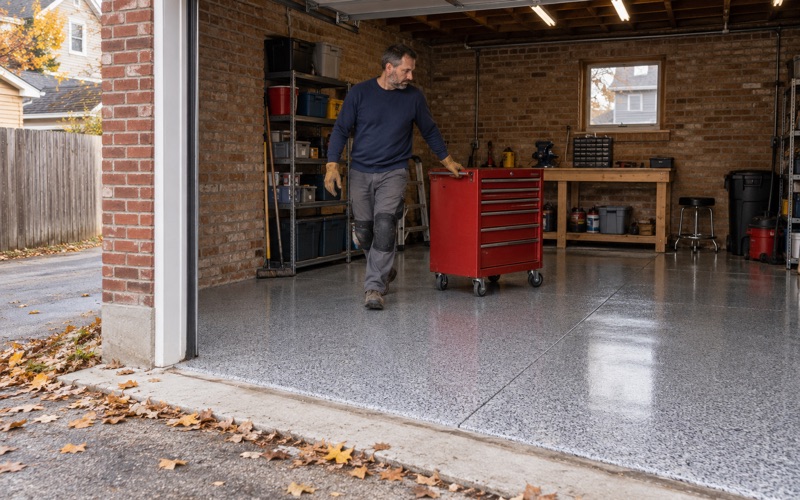 A tool chest rolled back onto a same-day polyaspartic flake floor in a Berwyn detached garage.